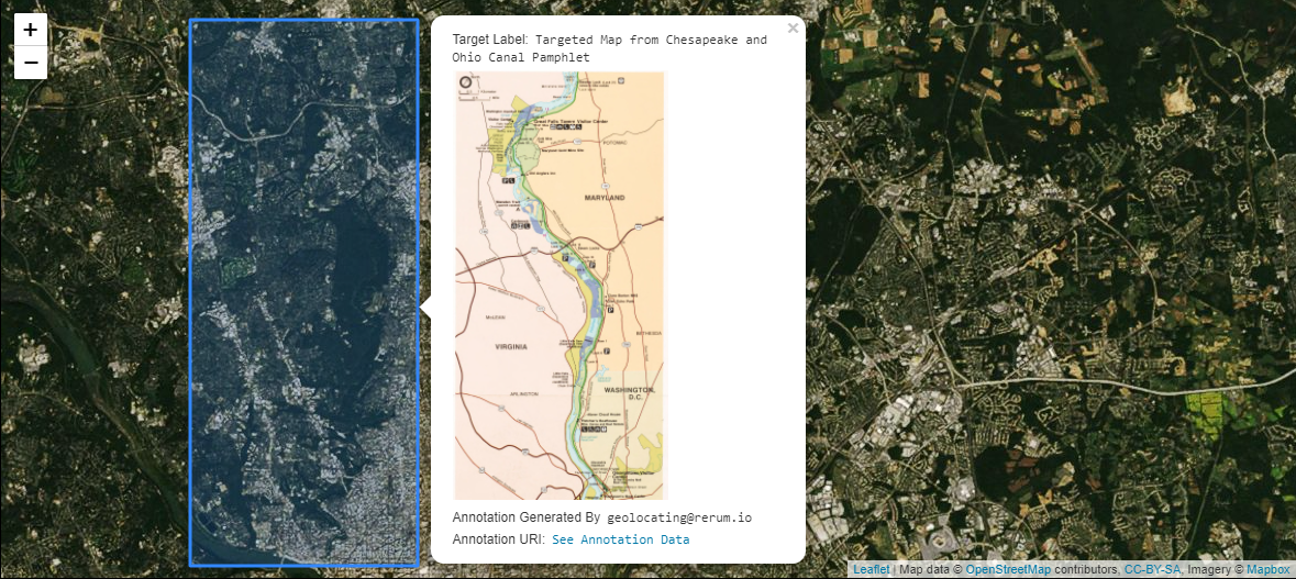 The Chesapeake map is show using leaflet with the geogrphical bounds indicated by a blue box.
