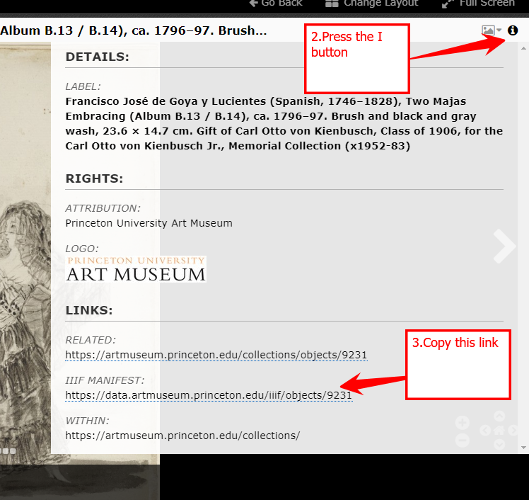 Then click the i button, and copy the IIIF manifest link