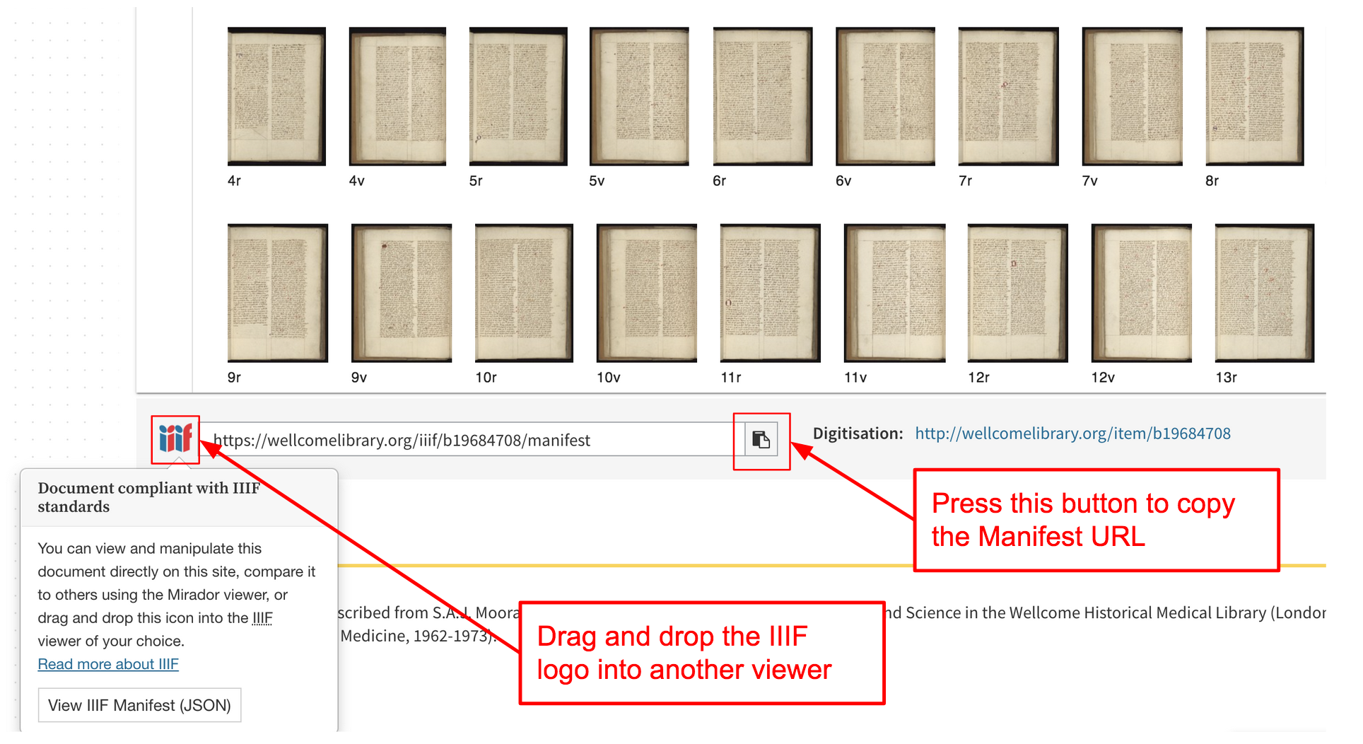 Screenshot of the Biblissima site showing how to download or drag and drop a manifest from an item page.