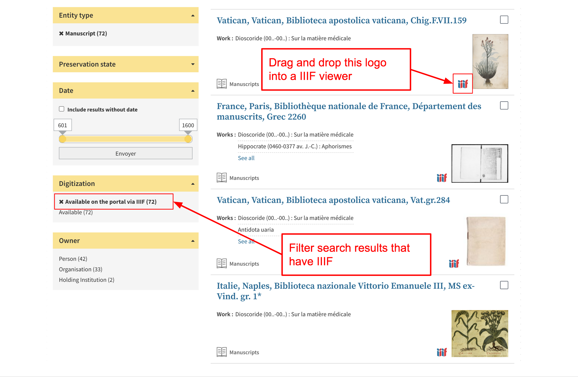 Screenshot of the Biblissima site showing how to filter IIIF items from search results.