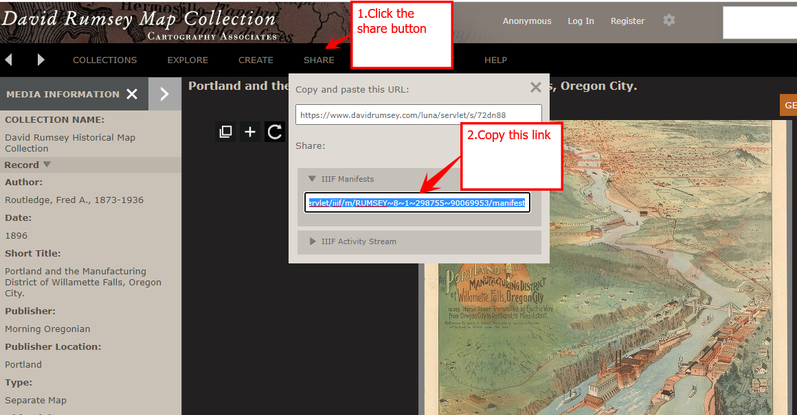 Click the share button, then copy the IIIF manifest link
