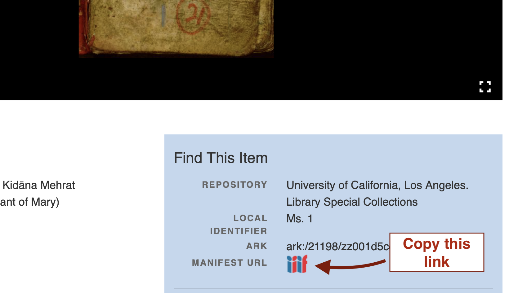 Copy the IIIF manifest from the logo or click to open the manifest in a new window