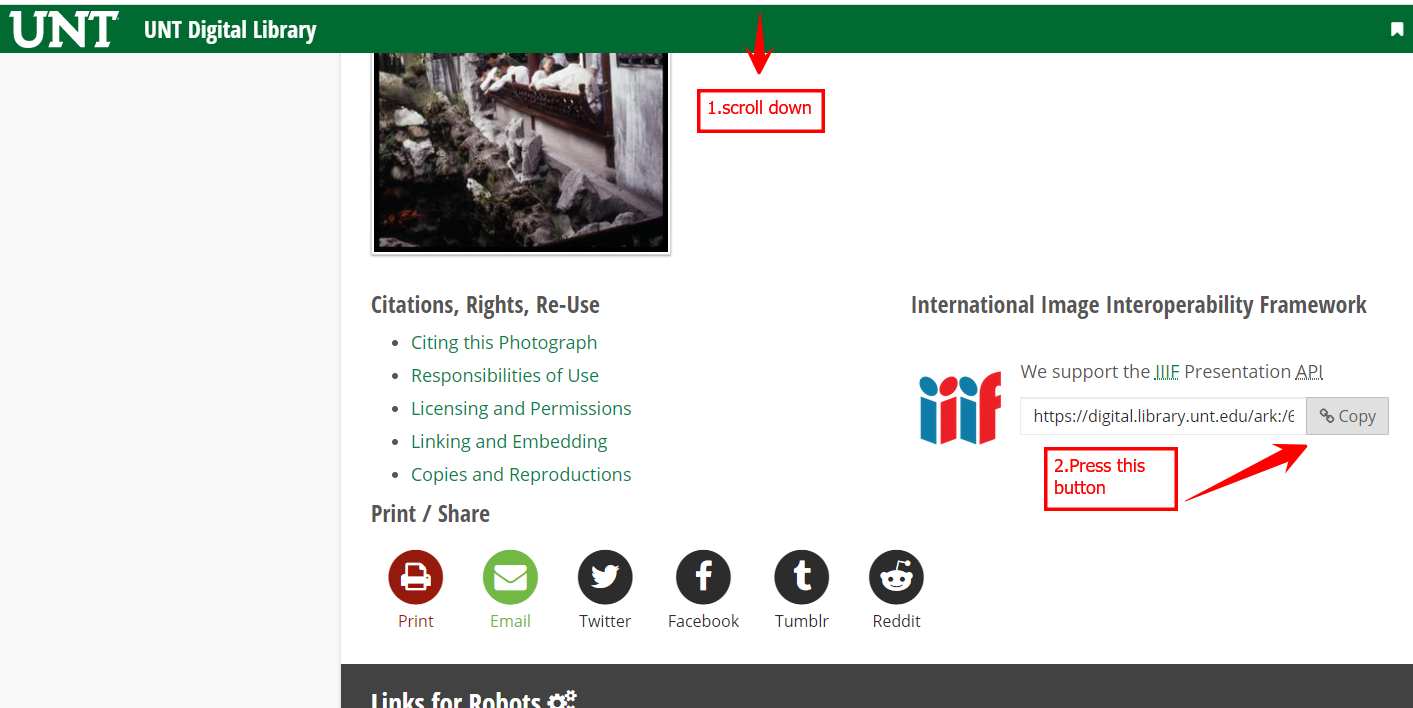 Scroll down and press the copy button next to the iiif logo