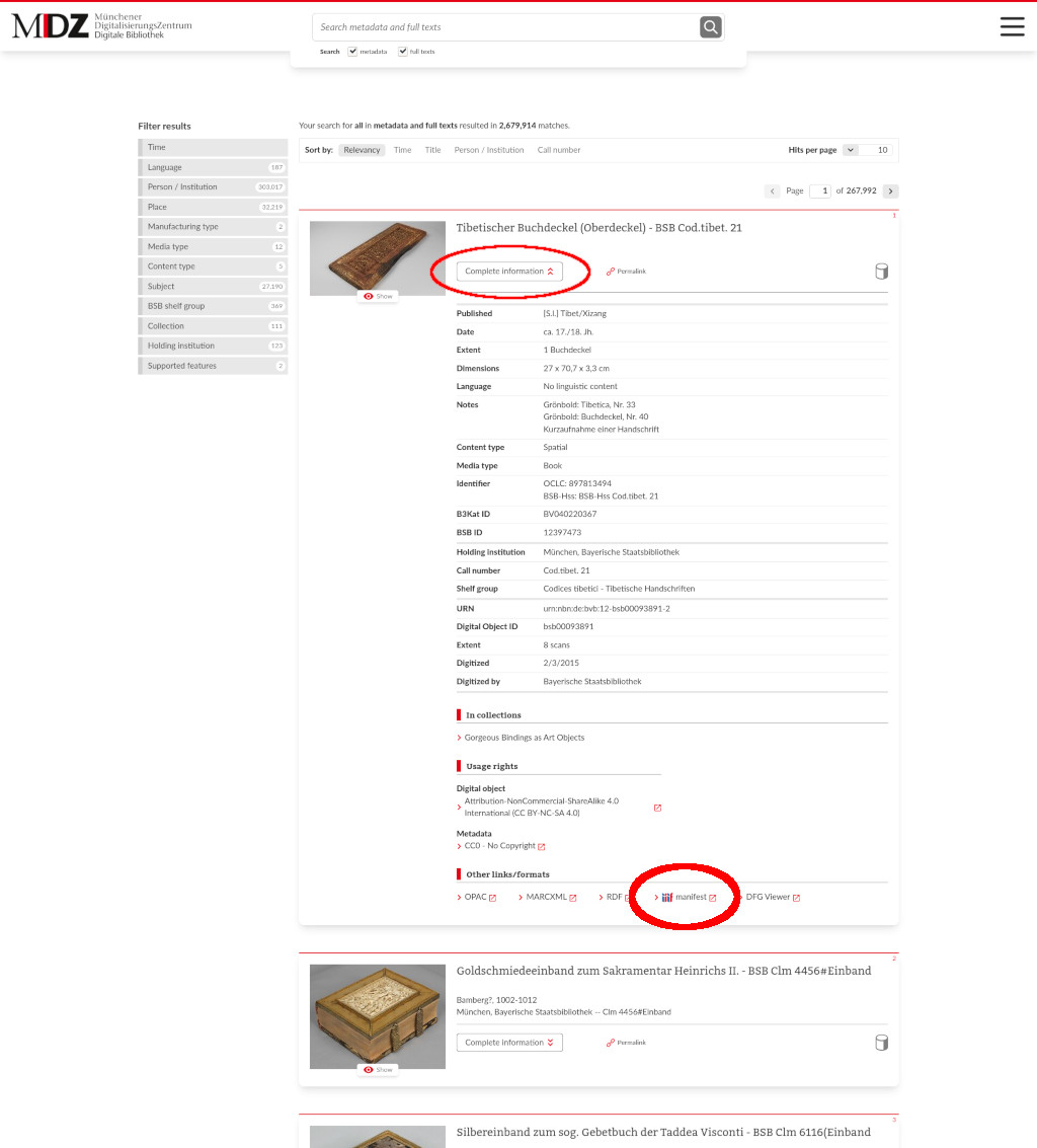 Screenshot of the MDZ site showing how to download a manifest from an item.