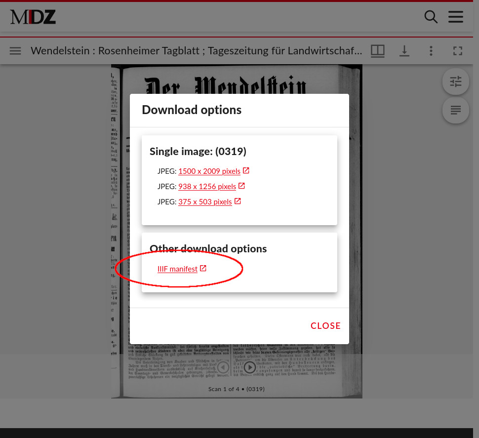Screenshot of the MDZ site showing how to download a manifest in viewer.
