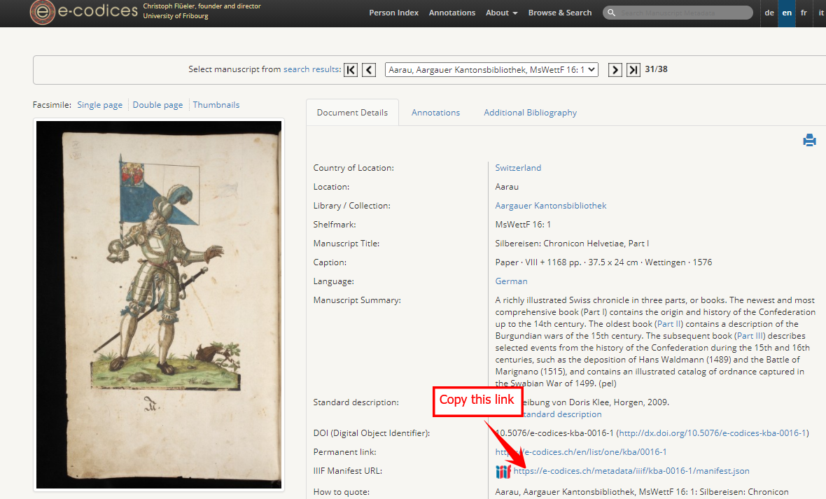 Copy the IIIF manifest link on the record page