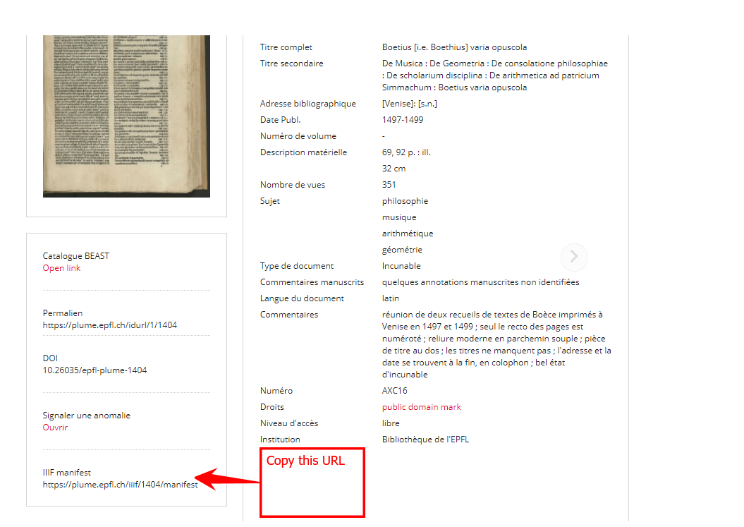 Copy the IIIF link towards the bottom of the page