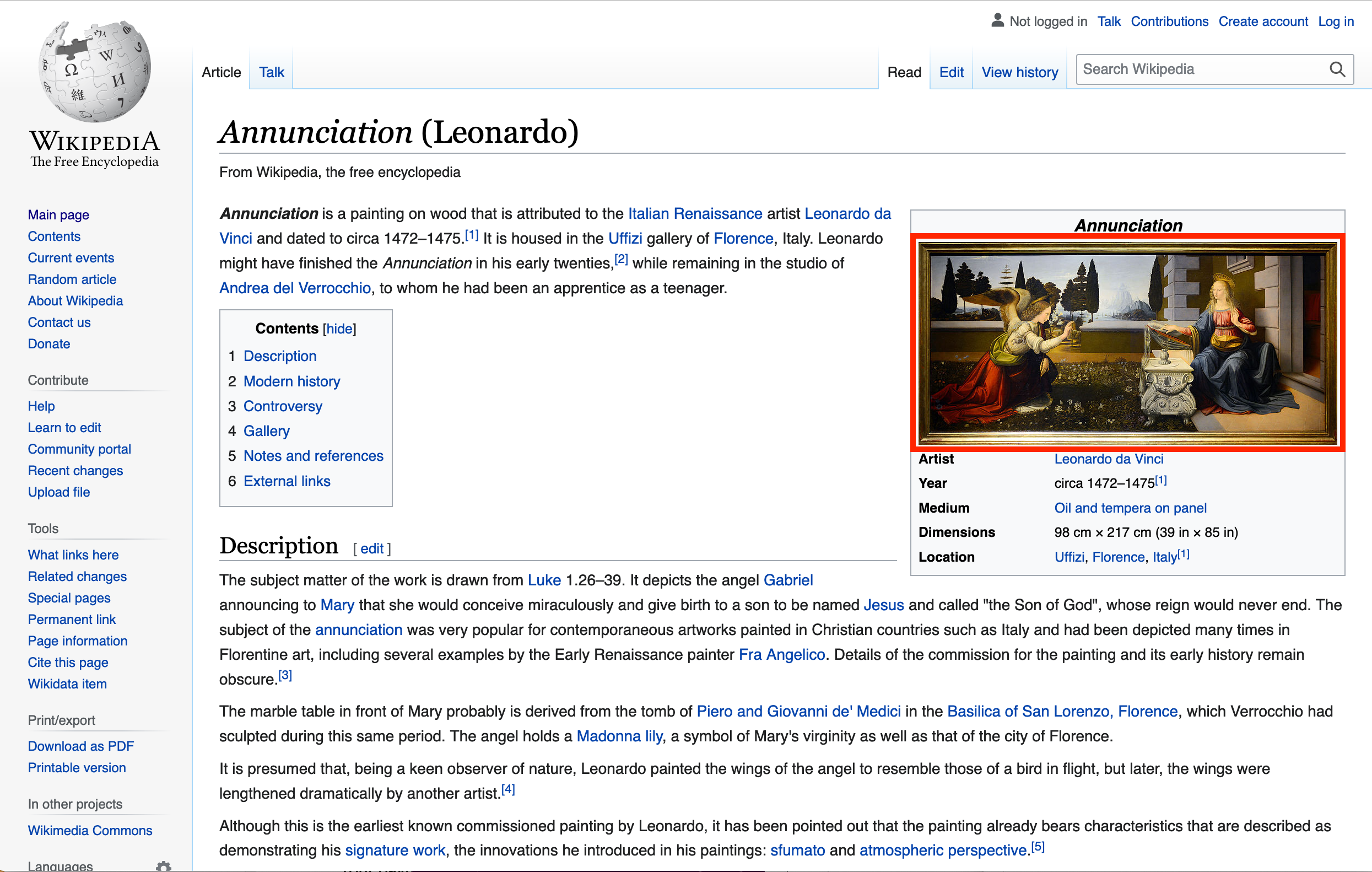 Screenshot of Annunciation Wikipedia page